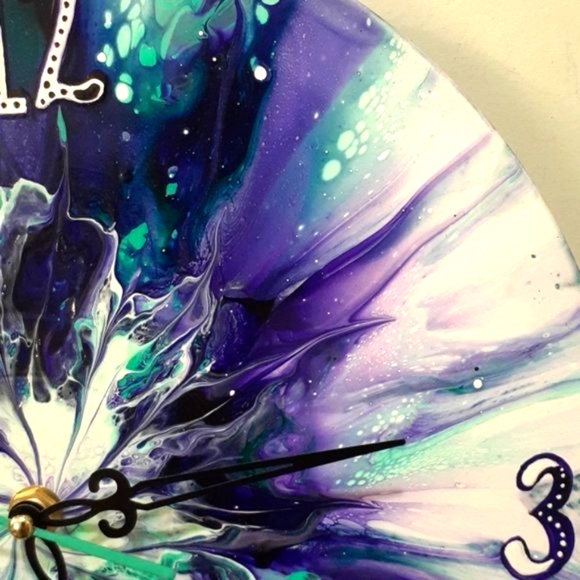 Hand Crafted Vinyl Record Clock Repurposed Upcycled Acrylic Fluid Art Wall Art - Picture 5 of 10